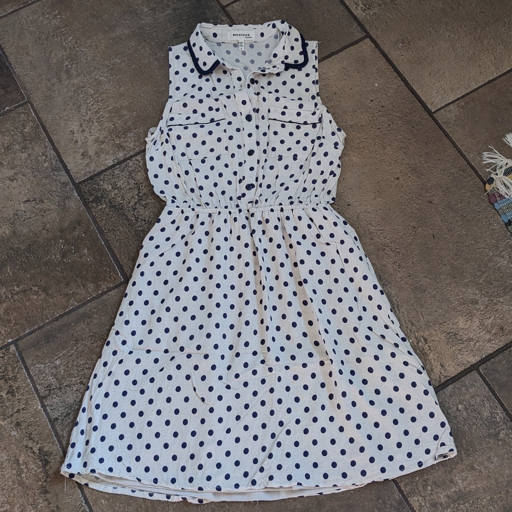 Monteau Los Angeles Polkadot Collared Garden Party Dress Size S Cream & Blue